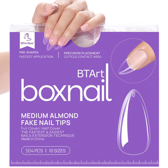 Picture of Almond Clear Acrylic Fake Nails - BTArtbox 500pcs Almond Nail Tips Full Cover False Nails with Case for Nail Salons and DIY Nail Art, 10 Sizes