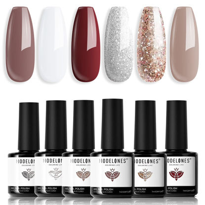 Picture of modelones Gel Nail Polish Set 6 Colors, Nude Pure White Glitter Brown Burgundy Red Champagne Gold Silver Tan Spring Nail Art Design Kit Basic Soak Off Manicure DIY Salon at Home Holiday Gifts for Women