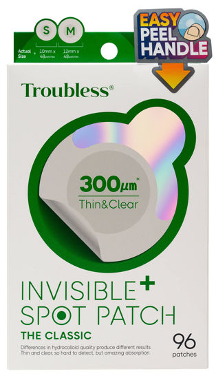 Picture of Troubless Invisible Pimple Spot Patch - Classic, Hydrocolloid Acne Patches for Face | Ultra Thin Acne Patches with Easy Peel Handle | Overnight Pimple Patches | Overnight Zitsticka | 2 Sizes, 96 Count (Pack of 1)