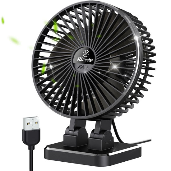 Picture of JZCreater USB Desk Fan, Mini Fan Portable, 3 Speeds Desktop Table Cooling Fan, Plug in Power Fan, Rotation Strong Wind, Quiet Personal Small Fan for Home Desktop Office Travel, 5INCH, Black