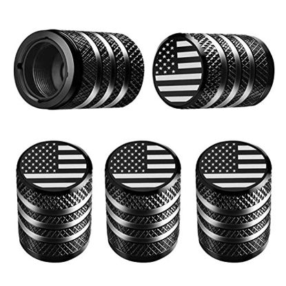 Picture of Tire Valve Stem Cap Cover - (5 Pack) Tire Air Cap Metal with Plastic Liner Corrosion Resistant Leak-Proof American Flag for Car Truck Motorcycle Bike Black