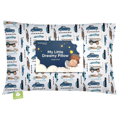 Picture of Toddler Pillow with Pillowcase - 13x18 My Little Dreamy Pillow, Organic Cotton Toddler Pillows for Sleeping, Kids Pillow, Travel Pillows, Mini Pillow, Nursery Pillow, Toddler Bed Pillow (Vroom)