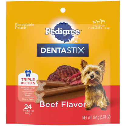 Picture of PEDIGREE DENTASTIX Toy/Small Dog Dental Treats Beef Flavor Dental Bones, 24 Treats, 5.96 Ounce (Pack of 7)