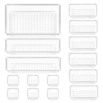 Picture of Vtopmart 15 PCS Clear Plastic Drawer Organizers Set, 4-Size Versatile Bathroom and Vanity Drawer Organizer Trays, Storage Bins for Makeup, Bedroom, Kitchen Gadgets Utensils and Office