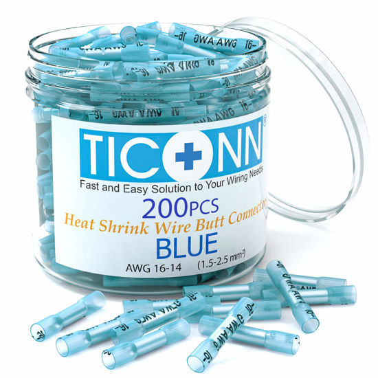 Picture of TICONN Blue 200PCS Heat Shrink Butt Wire Connector Kit, Insulated Waterproof Electrical Marine Automotive Wire Crimp Terminals Butt Splice (Blue200PCS)