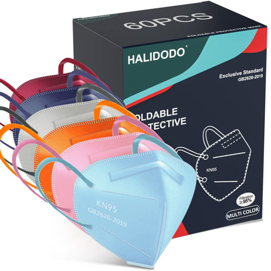 Picture of HALIDODO 60 Packs Individually Wrapped KN95 Face Mask 5-Ply Breathable & Comfortable Filter Safety Mask with Elastic Ear loop and Nose Bridge Clip, Protective Face Cover Mask, Multi Color