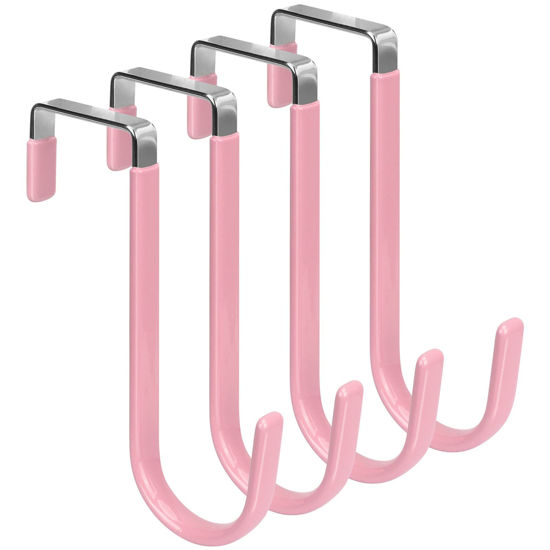 Picture of FYY Over The Door Hooks, 4 Pack Door Hangers Hooks with Rubber Prevent Scratches Heavy Duty Organizer Hooks for Living Room, Bathroom, Bedroom Hanging Clothes, Towels, Hats, Coats, Bags Pink