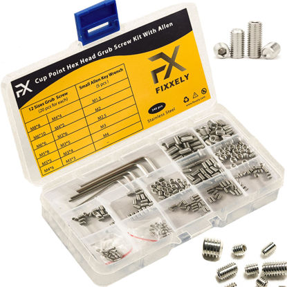 Picture of FIXXELY Cup Point Grub Set Screws 240 (M3,M4,M5,M6,M8) - Hex & Flat Head - 5 Allen Keys (M1.5,M2,M2.5,M3,M4) - 304 Stainless Steel Set Screw Assortment Kit Sizes - Ideal for Home Repairs & Fixtures