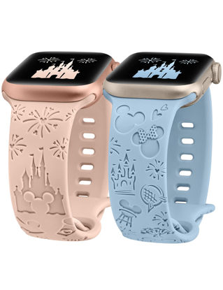 Picture of Girovo 2 Packs Cartoon Engraved Bands Compatible with Apple Watch Bands 41mm 40mm 38mm Women, Cute Anime Designer Soft Silicone Strap for iWatch Series 8/7/6/5/4/3/2/1/SE/Ultra, Pink & Baby Blue