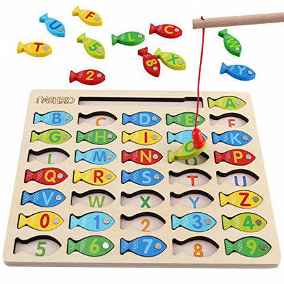 Picture of Magnetic Wooden Fishing Game Toy for Toddlers, Alphabet Fish Catching Counting Games Puzzle with Numbers and Letters, Preschool Learning ABC and Math Educational Toys for 3 4 5 Years Old Girl Boy Kids