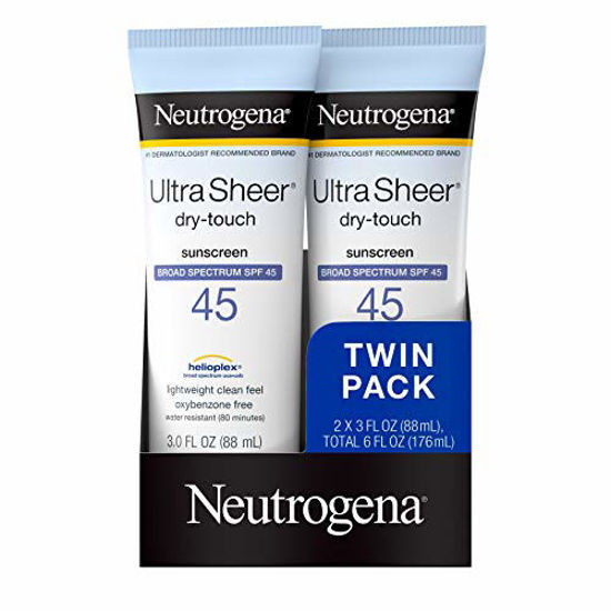 Picture of Neutrogena Ultra Sheer Dry-Touch Water Resistant and Non-Greasy Sunscreen Lotion with Broad Spectrum SPF 45, TSA-Compliant travel Size, 3 Fl Oz, Pack of 2, 6 Fl Oz