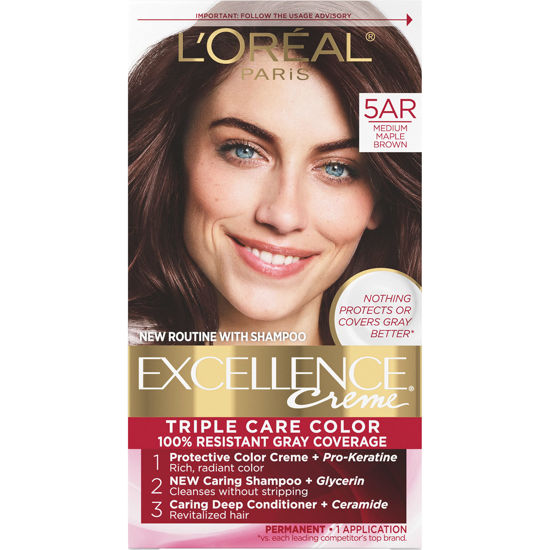 Picture of L'Oreal Paris Excellence Creme Permanent Triple Care Hair Color, 5AR Medium Maple Brown, Gray Coverage For Up to 8 Weeks, All Hair Types, Pack of 1