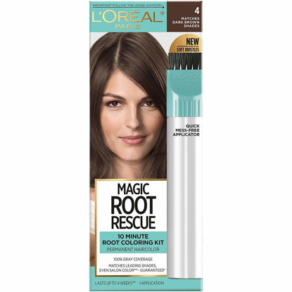 Picture of L'Oreal Paris Magic Root Rescue 10 Minute Root Hair Coloring Kit, Permanent Hair Color with Quick Precision Applicator, 100 percent Gray Coverage, 4 Dark Brown, 1 kit (Packaging May Vary)