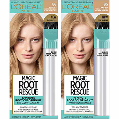 Picture of L'Oreal Paris Magic Root Rescue 10 Minute Root Hair Coloring Kit, Permanent Hair Color with Quick Precision Applicator, 100% Gray Coverage, 8G Medium Golden Brown, 2 count