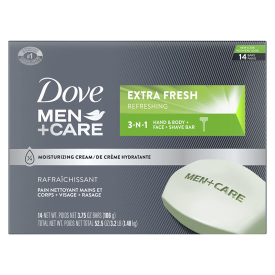 Picture of Dove Men+Care Bar 3 in 1 Cleanser for Body, Face, and Shaving to Clean and Hydrate Skin Extra Fresh Body and Facial Cleanser More Moisturizing Than Bar Soap 3.75 oz 14 Bars