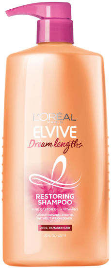 Picture of L'Oreal Paris Elvive Dream Lengths Restoring Shampoo With Fine Castor Oil and Vitamins B3 and B5 for Long, Damaged Hair, Visibly Repairs Damage Without Weighdown With System, 28 Fl Ounce