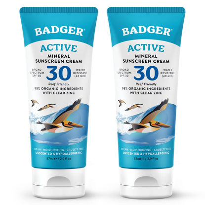 Picture of Badger Mineral Sunscreen Cream SPF 30, All Natural Sunscreen with Zinc Oxide, 98% Organic Ingredients, Reef Safe, Broad Spectrum, Water Resistant, Unscented, 2.9 fl oz (2 Pack)