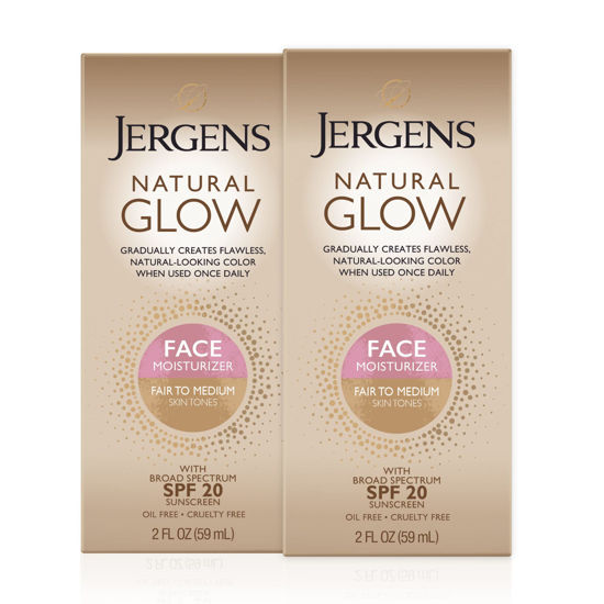 Picture of Jergens Natural Glow Face Self Tanner Lotion, SPF 20 Sunless Tanning, Fair to Medium Skin Tone, Daily Facial Sunscreen, Oil Free, Broad Spectrum Protection, 2 oz, Pack of 2 (Packaging May Vary)