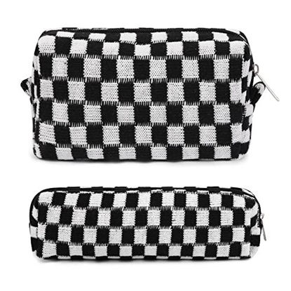 Picture of SOIDRAM Makeup Bag Checkered Cosmetic Bag Black Makeup Pouch 1Pcs Large Capacity Makeup Bags and 1Pcs Makeup Brushes Storage Bag Travel Toiletry Bag Organizer