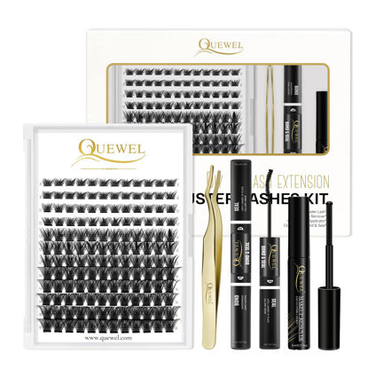 Picture of DIY Eyelash Extensions Kit, QUEWEL Lash Clusters 144 Pcs, Cluster Lashes Golden Lashes Tweezers, Eyelashes Clusters Bond and Seal Waterproof, Clusters Lash Glue Remover for DIY Lash Extensions (Fluffy Kit)