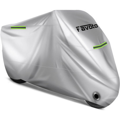 Picture of Favoto Motorcycle Cover Waterproof Outdoor Cool Silver Color with Reflective Strip Windproof Buckle Lock-Hole Storage Bag Fit 104 inch Vehicle Motorbikes