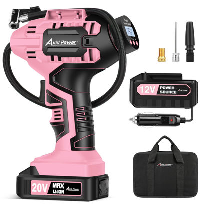 Picture of Avid Power Tire Inflator Air Compressor, 20V Cordless Car Tire Pump w/Rechargeable Li-ion Battery, Portable Tire Compressor w/ 12V DC Adapter, Digital Pressure Gauge, for Many Inflatables (Pink)