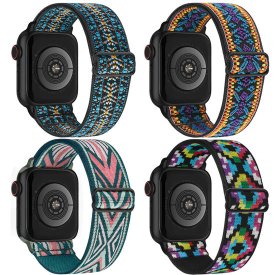 Picture of Stretchy Nylon Solo Loop Bands Compatible with Apple Watch 38mm 40mm 41mm 42mm 44mm 45mm 49mm, Adjustable Braided Sport Elastic Wristbands Women Men Straps for iWatch Series 8/7/6/5/4/3/2/1/SE/Ultra, 4 Packs