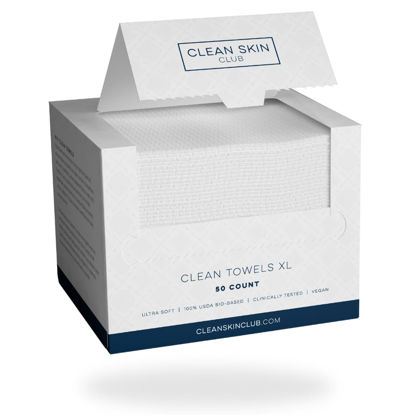 Picture of Clean Skin Club Clean Towels XL, USDA Certified 100% Biobased Dermatologist Approved Face Towel, Disposable Face Towelette, Facial Washcloth, Makeup Remover Dry Wipes, Ultra Soft, 150 count, 3 pack