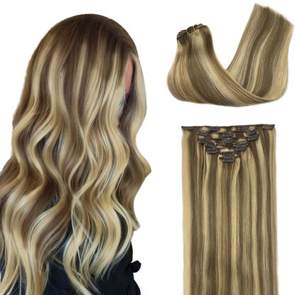 Picture of GOO GOO Hair Extensions, Clip in Hair Extensions Medium Brown Highlighted Golden Blonde 120g 7pcs 14 Inch Remy Human Hair Extensions Straight Thick Natural Hair Extensions for Women