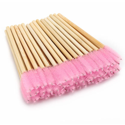 Picture of Tbestmax 50 Disposable Mascara Wands Eyelash Brush Spoolies for Eye Lash Extension Eyebrow Bamboo Stick Pink