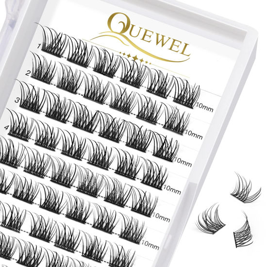 Picture of QUEWEL Lash Clusters 72 Pcs Cluster Lashes Wide Stem Eyelash Clusters C/D Curl 8-16mm DIY Eyelash Extensions Natural Style for Self Easy To Use at Home (Natural-C-10)