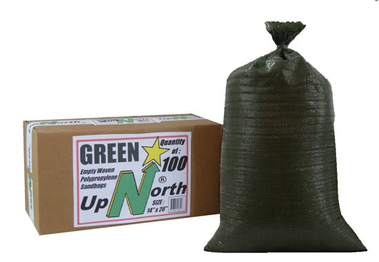 Picture of UpNorth Sandbags - Box of 100 - Empty Woven Polypropylene Sand Bags w/Ties, w/UV Protection; size: 14" x 26", color: Military Green