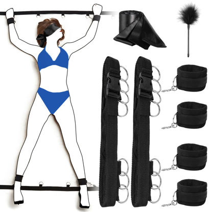 Picture of Efgove Bondage Restraint Kit 8 Pcs Adjustable Bed Restraints Leather Bondage Sets Adult Sex Toys with Fetish Handcuffs & Ankle Cuff Blindfold & Tickler for Women and Couples