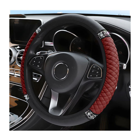 Picture of Fekey&JF Bling Soft Leather Steering Wheel Cover, 15 Inch Rhinestones Elastic Steering Wheel Protector, Sparkly Crystal Diamond for Women Girls, Auto Accessories Universal for Most Cars (Wine Red)