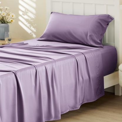 Picture of Bedsure Twin XL Sheet Set Dorm Bedding, Cooling Sheets with Rayon Derived from Bamboo, Deep Pocket Fits Up to 16", Silky Soft and Breathable Extra Long Twin Sheets, Lilac