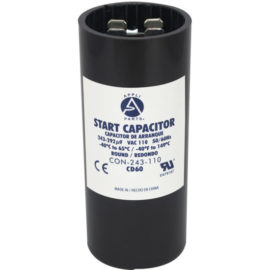 Picture of Appli Parts Motor Start Capacitor 243-292 Mfd (microfarads) uF 110-125 VAC Universal fit for Electric Motor Applications 1-7/16 in Wide 3-3/8 in Height CON-243-110