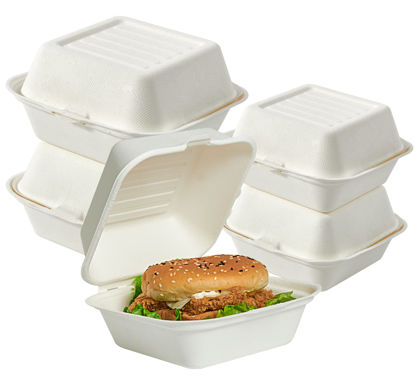 Picture of ECOLipak 200 Pack Clamshell Take Out Food Containers, 100% Compostable Disposable To Go Containers，6 * 6" To Go Boxes for Salad, Cake,Sandwiches