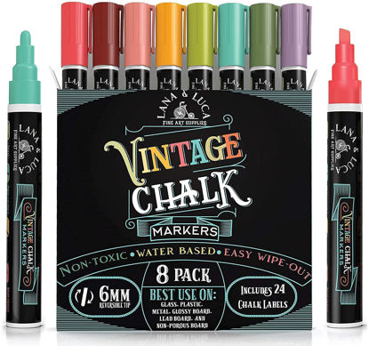 Picture of LANA & LUCA Liquid Chalk Markers - Wet Erase Marker Pens - for Chalkboards Signs, Windows, Blackboard, Glass - 6mm Reversible Tip (8 Pack) - Vintage Colors Multicolor