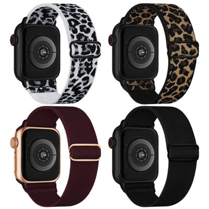 Picture of Stretchy Nylon Solo Loop Bands Compatible with Apple Watch 38mm 40mm 41mm 42mm 44mm 45mm 49mm, Adjustable Braided Sport Elastic Wristbands Women Men Straps for iWatch Series 8/7/6/5/4/3/2/1/SE/Ultra, 4 Packs