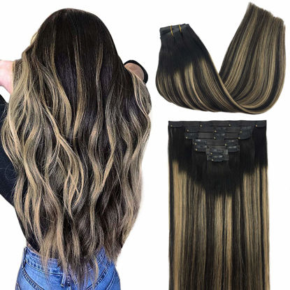 Picture of GOO GOO Seamless Clip In Hair Extensions Remy Real Human Hair Extension with Invisible PU Skin Weft 22 Inch 150g 7pcs Natural Black to Light Blonde Natural & Thick & Straight Hair Extensions for Women