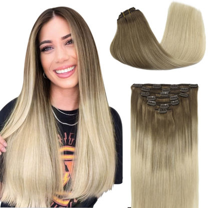 Picture of GOO GOO Clip-in Hair Extensions for Women, Soft & Natural, Handmade Real Human Hair Extensions, Ombre Ash Brown to Platinum Blonde, Long, Straight #T9/60, 7pcs 120g 20 inches