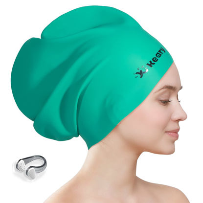 Picture of Extra Large Swim Cap for Braids and Dreadlocks Afro Hair Long Hair, Waterproof Silicone Cover Ear Bath Pool Shower Swimming Cap for Women Men Youth Adult Kids Girls to Keep Hair Dry, Green