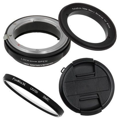 Picture of Fotodiox 55mm Macro Reverse Ring Filter Kit Compatible with 55mm Filter Thread Lenses to Nikon F-Mount Cameras - with UV Filter, Mechanical Aperture Control Adapter, and Cap