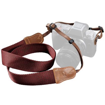 Picture of PADWA Dark Red Camera Straps for Photographers - Full Grain Crazy Horse Leather Head,1.5" Wide Pure Cotton Woven Camera Strap,Adjustable Shoulder Neck Strap for Cameras,Great Gift for Photographers