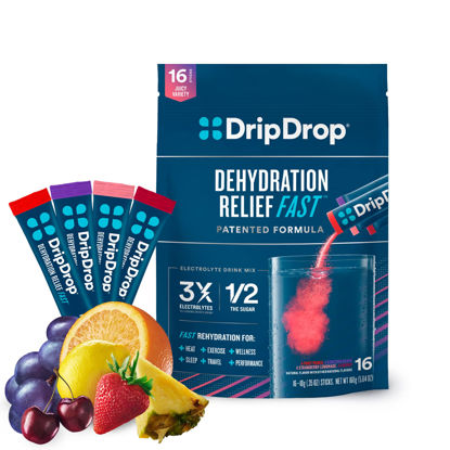 Picture of DripDrop Hydration - Electrolyte Powder Packets - Grape, Fruit Punch, Strawberry Lemonade, Cherry - 16 Count