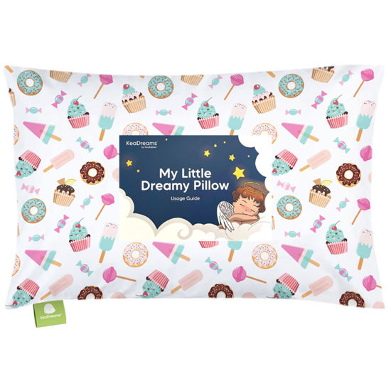 Picture of Toddler Pillow with Pillowcase - 13x18 My Little Dreamy Pillow - Organic Cotton Toddler Pillows for Sleeping, Kids Pillow, Travel Pillows for Sleeping, Mini Pillow, Toddler Bed Pillows (Sweet Tooth)