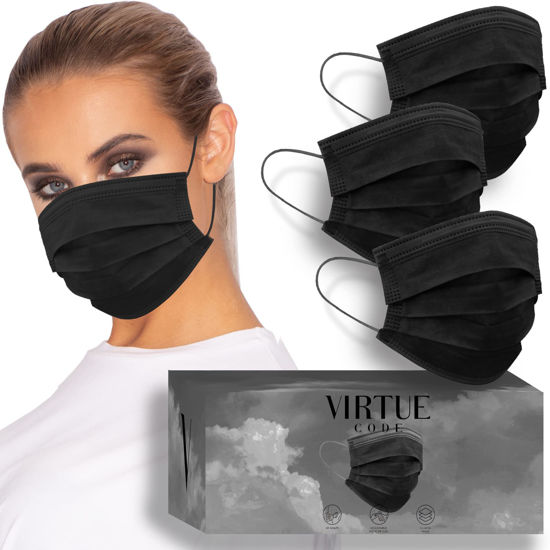 Picture of VIRTUE CODE Support Face Masks - Soft 3 Ply Comfort Face Masks, Colorful Disposable Face Mask 50 Pack. Black Colored Masks. Adults Mens and Womens Disposable Face Masks