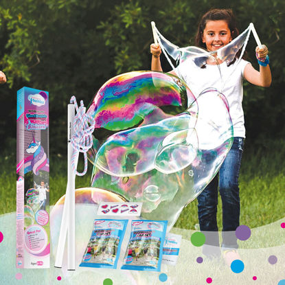 Picture of WOWMAZING Giant Bubble Kit: Unicorn - Incl. Wand, 2 Big Bubble Concentrate Pouches and 8 Sun-Activated Magical Stickers | Outdoor Toy for Kids, Girls | Bubbles Made in The USA - Unicorn Kit