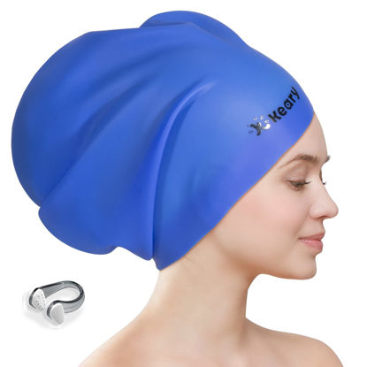 Picture of Extra Large Swim Cap for Braids and Dreadlocks Afro Hair Extensions Weave Long Hair, Waterproof Silicone Cover Ear Bath Pool Shower Swimming Cap for Adult Youth Men Women Girl to Keep Hair Dry, Blue