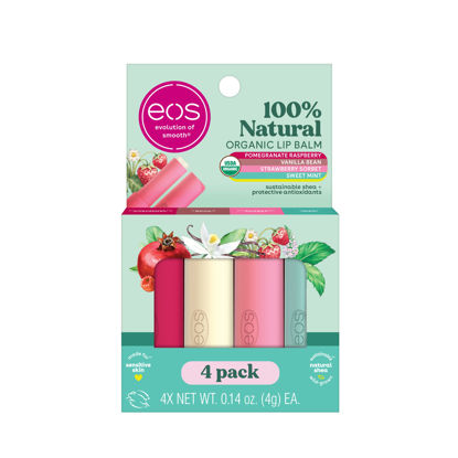 Picture of eos 100% Natural & Organic Lip Balm Sticks- Strawberry Sorbet, Vanilla Bean, Sweet Mint & Pomegranate Raspberry, Lip Care Products, 0.14 oz, 4-Pack